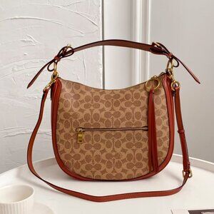 Coach Signature Hobo Tan Rust Shoulder Leather Coated Canvas Bag